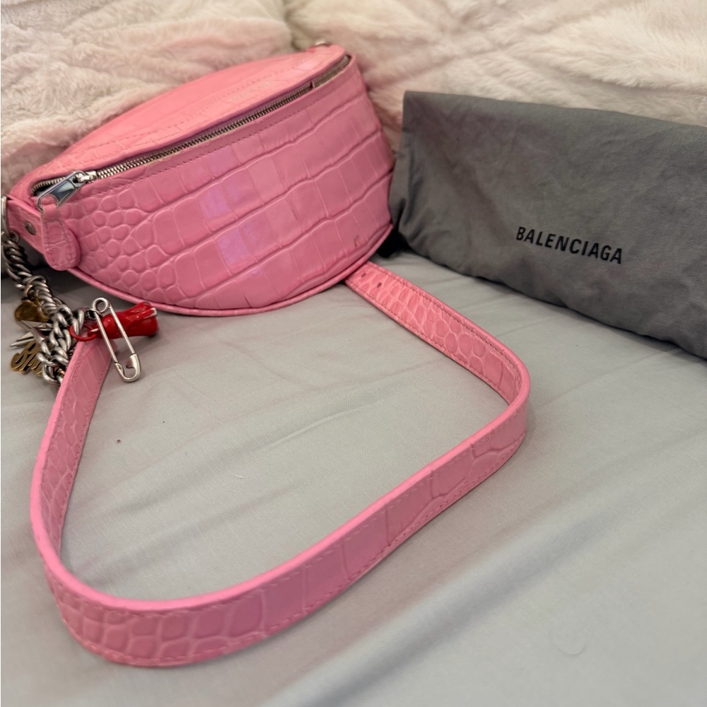 Balenciaga Xxs Souvenir Charm Pink Croc-Embossed Crossbody Bag / Bum Bag